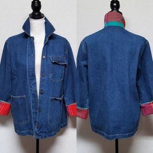 Vintage 1980s Cheryl Tiegs Dark Wash Denim Plaid Flannel Lined Jacket Shacket